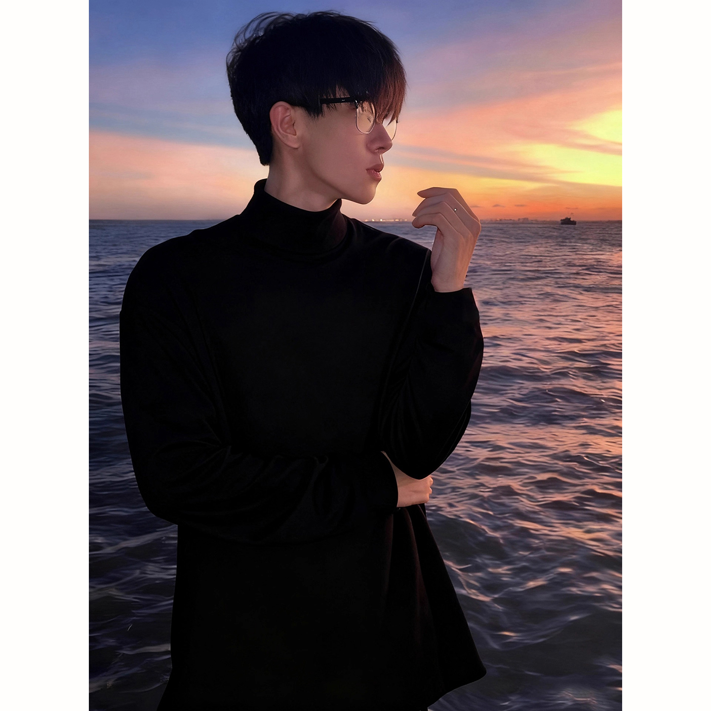 黑色半高领德绒打底衫男秋冬高级感重磅内搭卫衣潮流修身长袖t恤