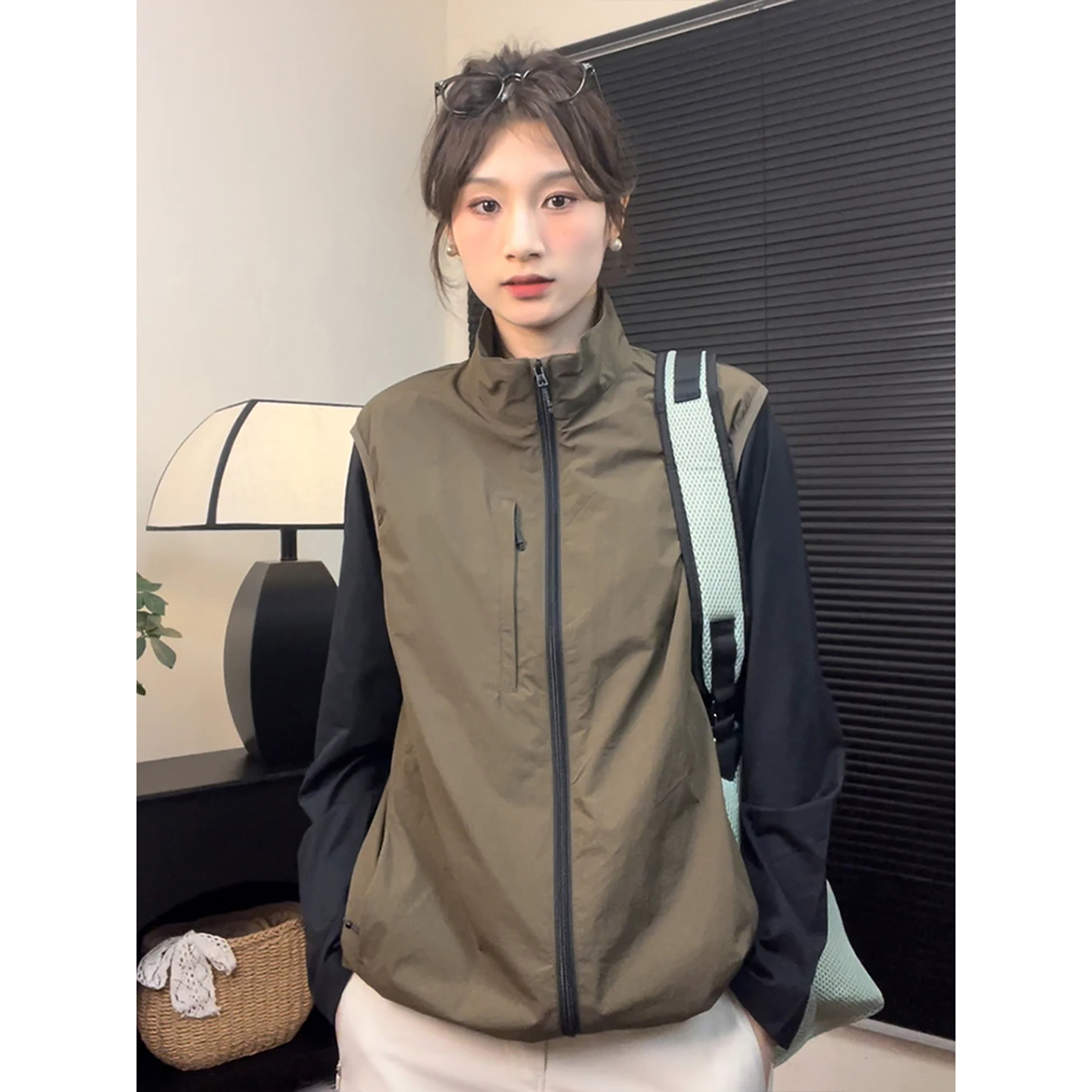 卡其色工装马甲男女秋季美式高街