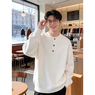 米白色亨利领毛衣男冬季老钱风内搭针织上衣人夫感高智打底毛线衣