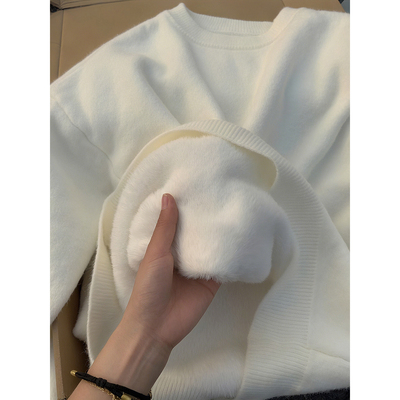 白色加绒加厚圆领毛衣男秋冬