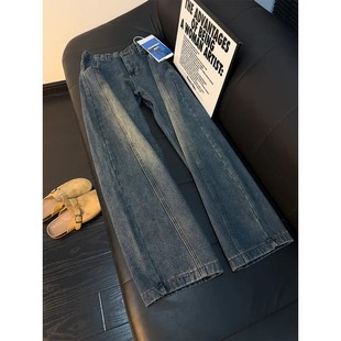 复古蓝斜切牛仔裤男秋冬美式水洗cleanfit裤子加绒加厚工装直筒裤