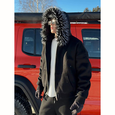 黑色重磅廓形连帽加绒卫衣男女