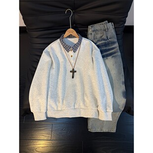 白灰色假两件加绒卫衣男秋冬美式polo翻领长袖t恤高级感内搭上衣