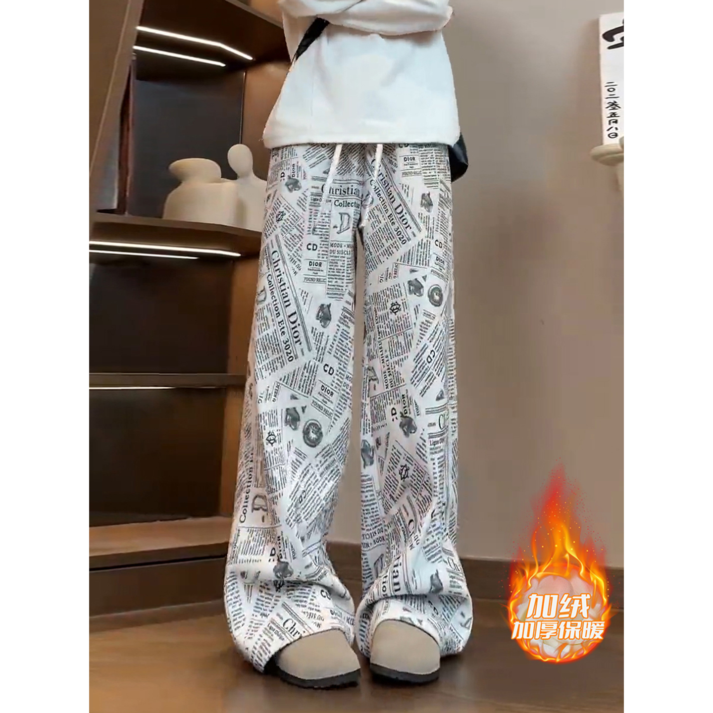 报纸满印灯芯绒阔腿裤男款秋冬