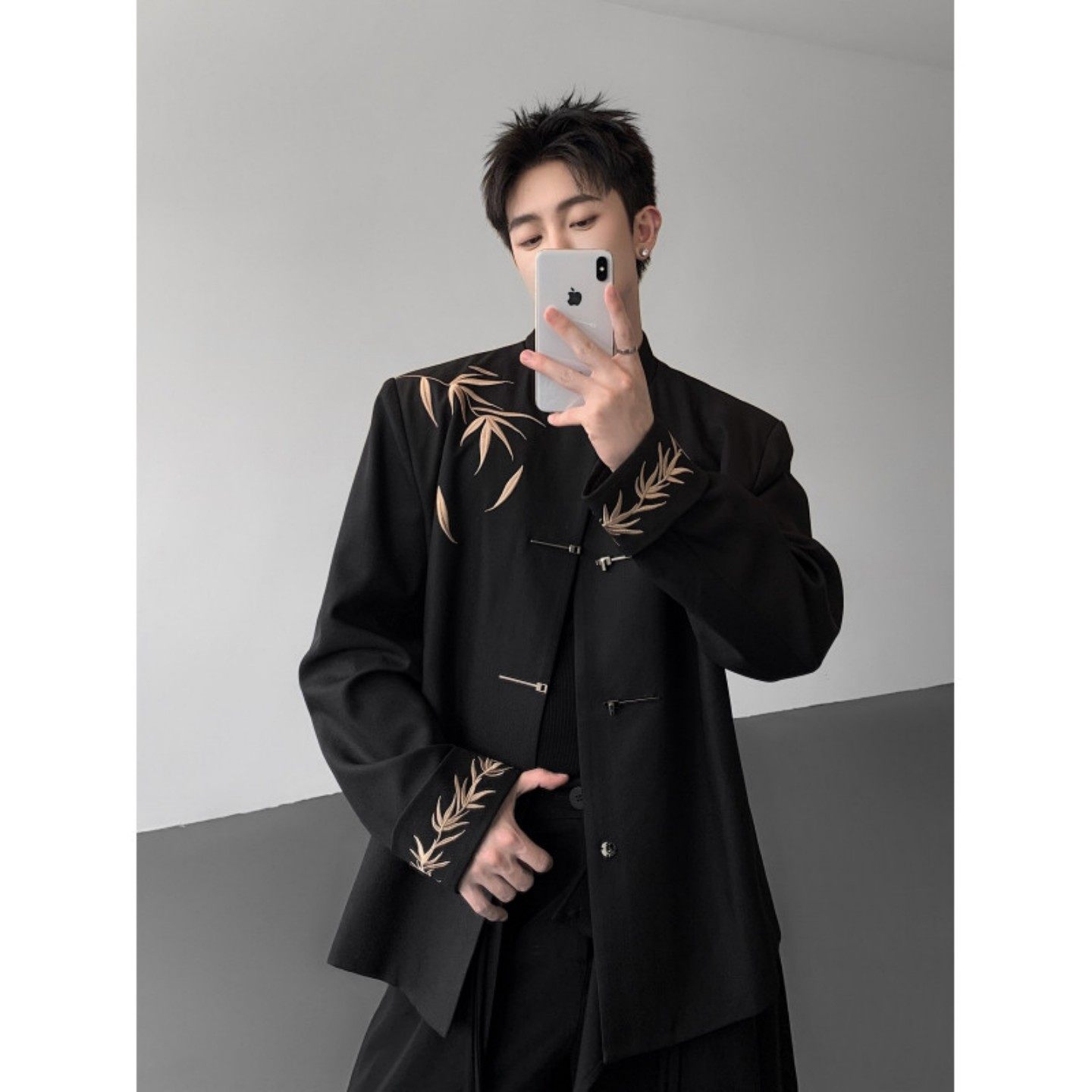 竹叶刺绣男士订婚新中式礼服西装套装高级感痞帅立领垫肩唐装西服