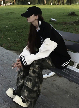 黑色珍珠棒球服男女同款秋季美式复古撞色夹克vibe情侣款刺绣外套