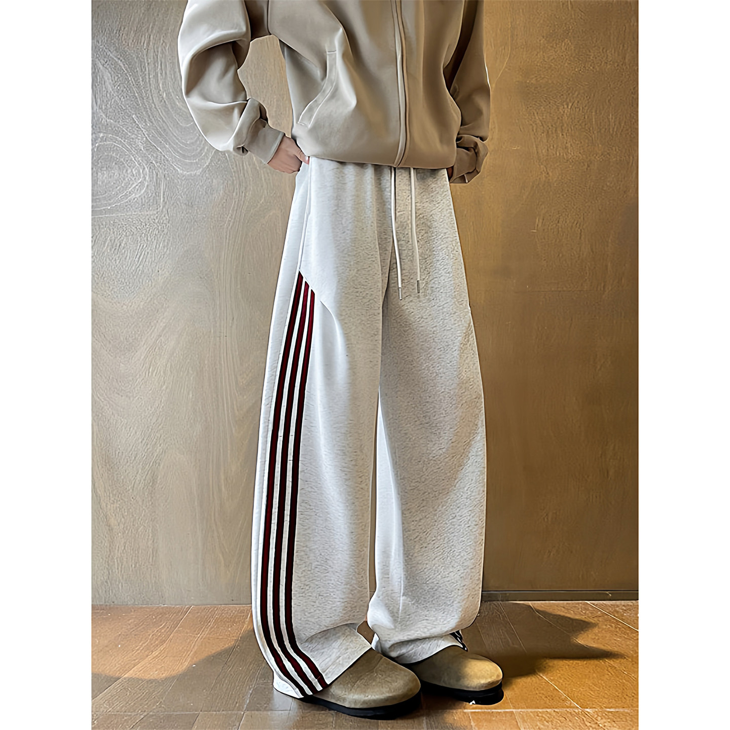 三条杠条纹运动裤子男款春秋宽松垂感拼接校服卫裤直筒阔腿休闲裤,男装,休闲裤,淘宝优惠券,粉丝福利购,淘宝优惠卷
