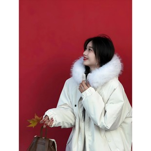 面包服 连帽毛领外套加厚保暖短款 米白色立领羽绒棉服男女冬季 美式