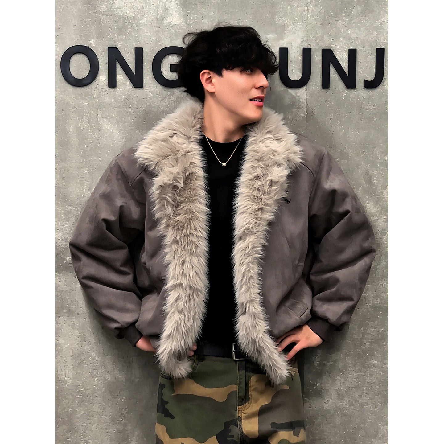 座山雕皮毛一体棉服男款冬季