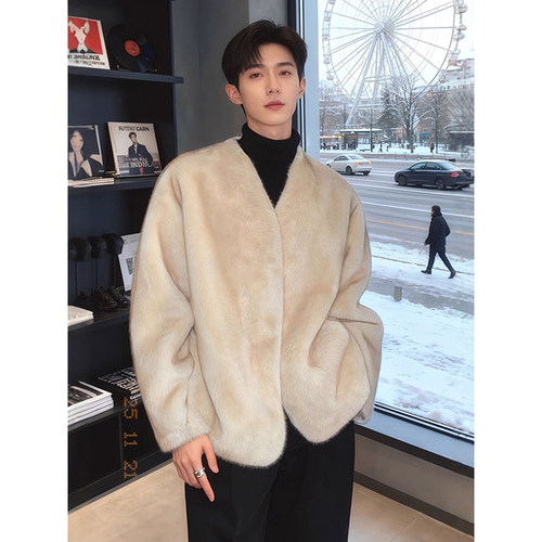 韩系高级感仿兔毛皮草派克服男士