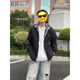 fitcheck格子拼接夹克男生ootd少年感穿搭棒球服美式 翻领情侣外套