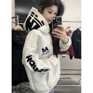 白黑色字母刺绣加绒卫衣男女冬季美式重磅硬挺连帽衫内搭情侣外套