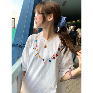 设计师款花卉刺绣项链短袖男款夏季美式潮流上衣oversize情侣半袖