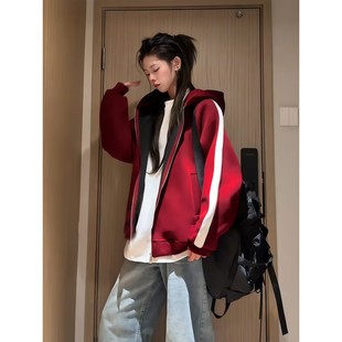 夹克 运动开衫 美式 学院风条纹拼接连帽卫衣男重磅cleanfit外套短款