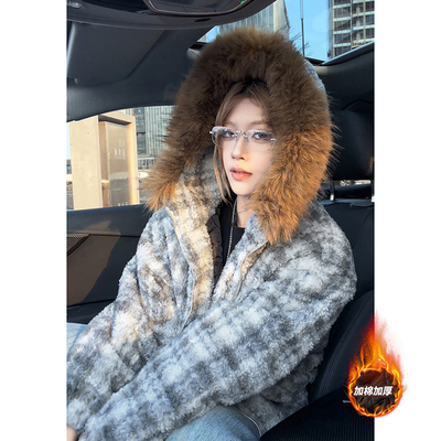 大毛领短款棉衣男女款冬季复古