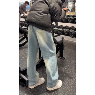 蓝色渐变水洗牛仔裤男款美式复古cleanfit裤子直筒宽松阔腿微喇裤