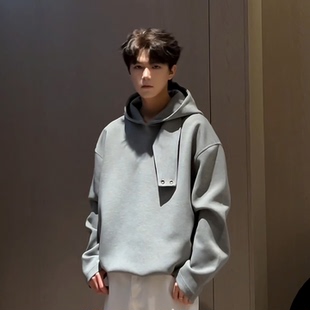 重磅外套 ootd穿搭高级感痞帅美式 灰色解构空气层连帽卫衣男款 秋季
