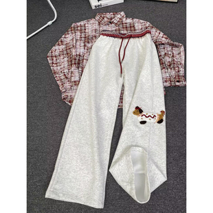 白花灰腊肠狗加绒卫裤男女秋冬美式重磅休闲裤子民族风腰头运动裤