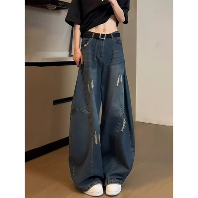 深蓝色破洞牛仔裤男款夏季复古风