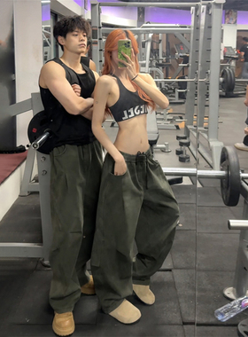 军绿色水洗纯棉弯刀裤男秋冬a字版型阔腿加绒裤子情侣工装休闲裤