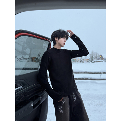 黑色圆领打底衫男款冬加绒厚无帽