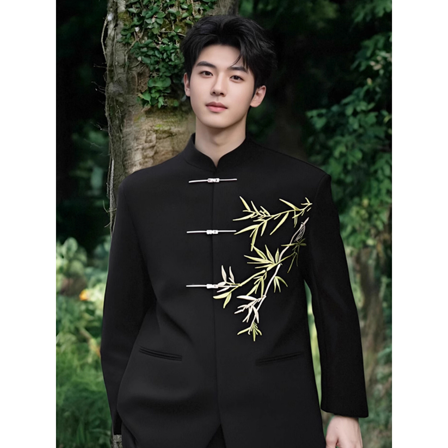 新中式男痞帅中山装订婚穿搭翠竹