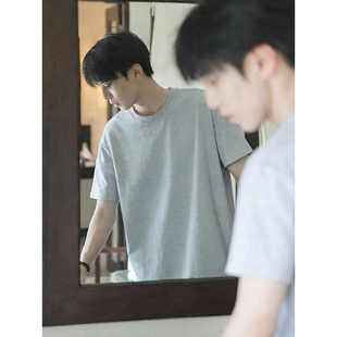 浅灰色重磅圆领t恤男生夏季美式新疆棉正肩短袖cleanfit五分半袖