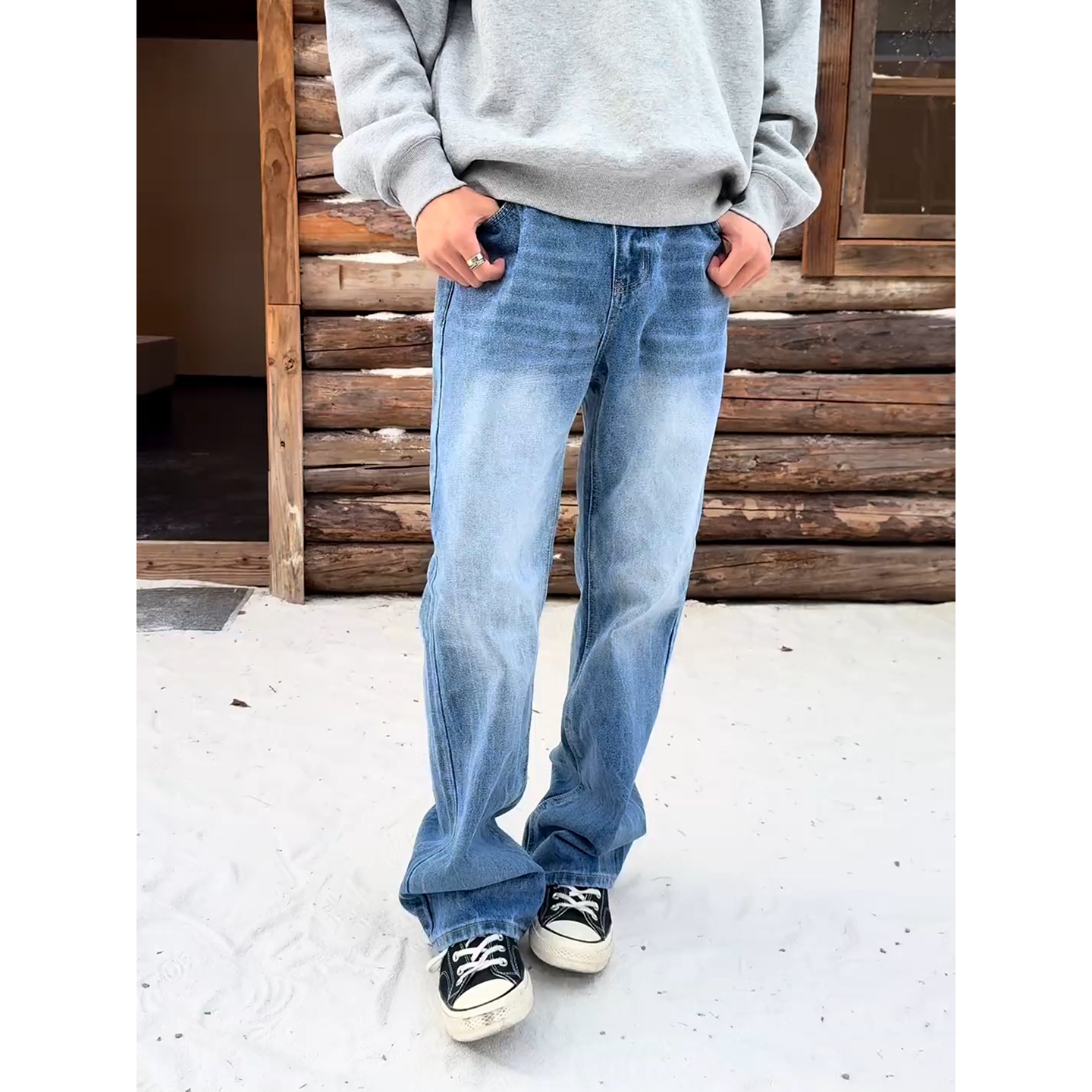 浅蓝色弹力牛仔裤男款美式高街