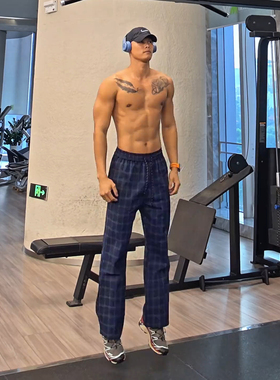 蓝色加绒格子裤男款秋冬美式复古vintage裤子直筒弯刀微喇休闲裤