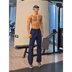 蓝色加绒格子裤男款秋冬美式复古vintage裤子直筒弯刀微喇休闲裤