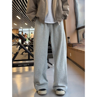 花灰色解构弯刀卫裤男款冬季美式重磅加绒裤子健身运动直筒休闲裤