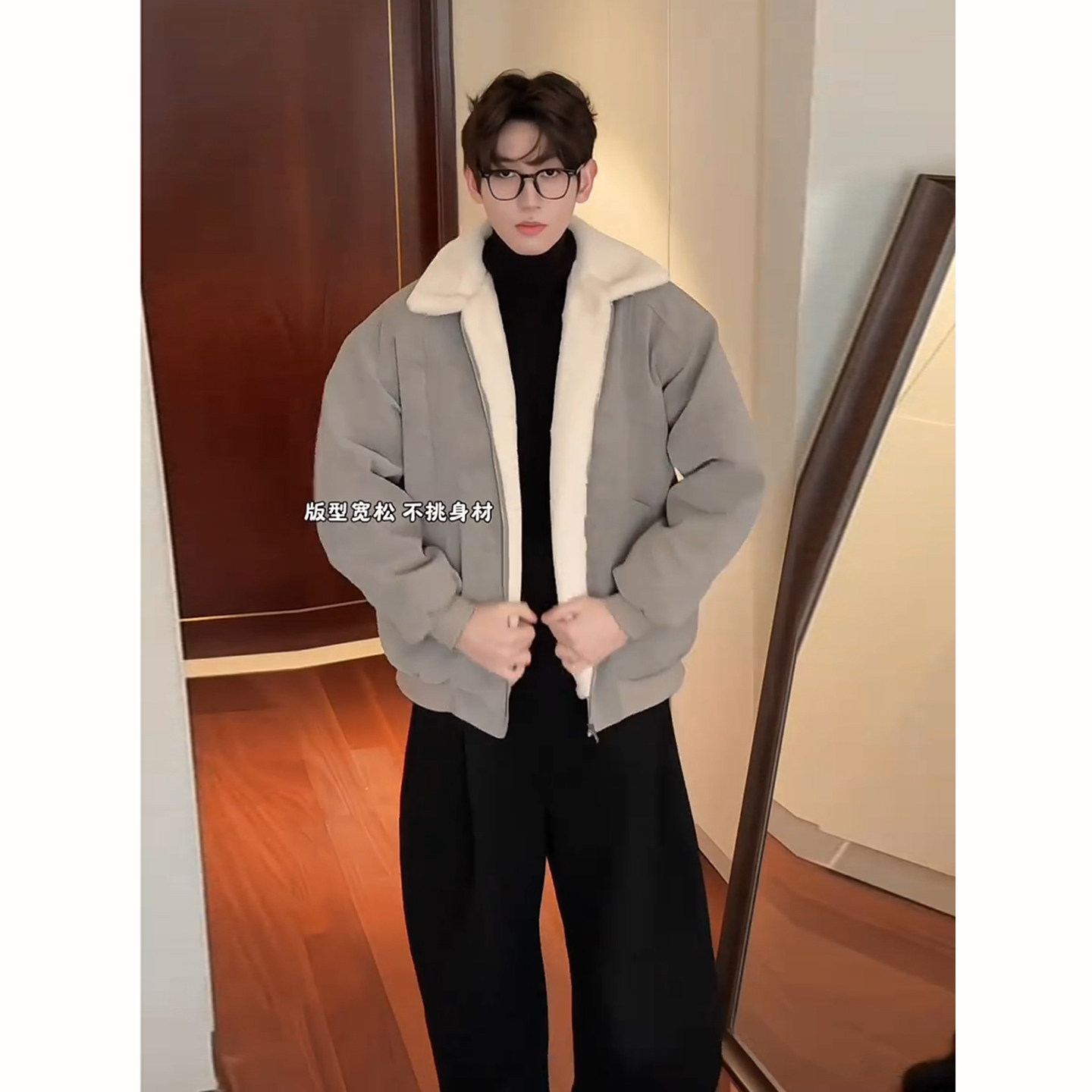 美拉德羊羔毛pu皮棉衣男冬季加绒