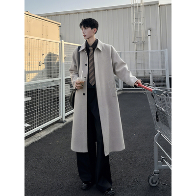 灰色中长款毛呢大衣男秋冬氛围感
