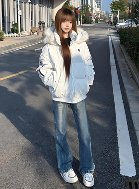 白色毛领连帽棉服男女秋冬季加厚保暖高级感廓形棉衣美式情侣外套