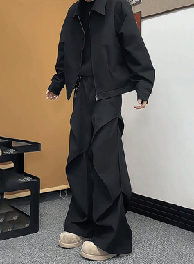 褶皱垂感黑色休闲西裤男女春季宽松美式微喇长裤高级感伞兵工装裤