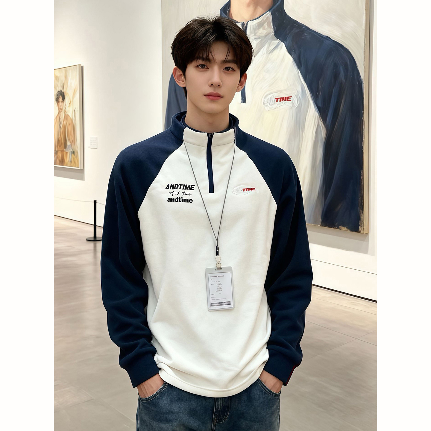 美式摇粒绒半拉链卫衣男秋冬t恤