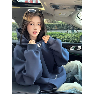 藏青色字母刺绣卫衣男女款春秋季