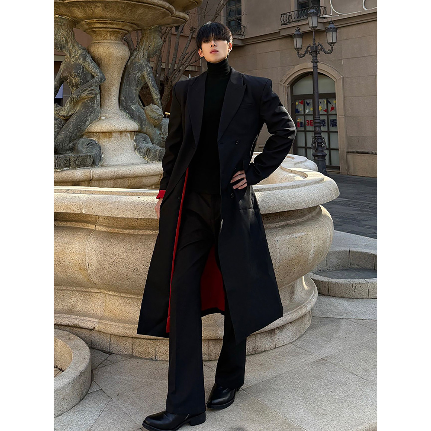 黑色红底教父大衣男款秋冬韩系英伦风毛呢风衣中长款垫肩收腰外套,男装,毛呢大衣,淘宝优惠券,粉丝福利购,淘宝优惠卷