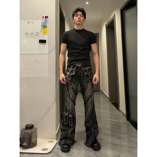 美式解构毛边工装牛仔裤男款亚文化hiphop西海岸裤子直筒微喇长裤