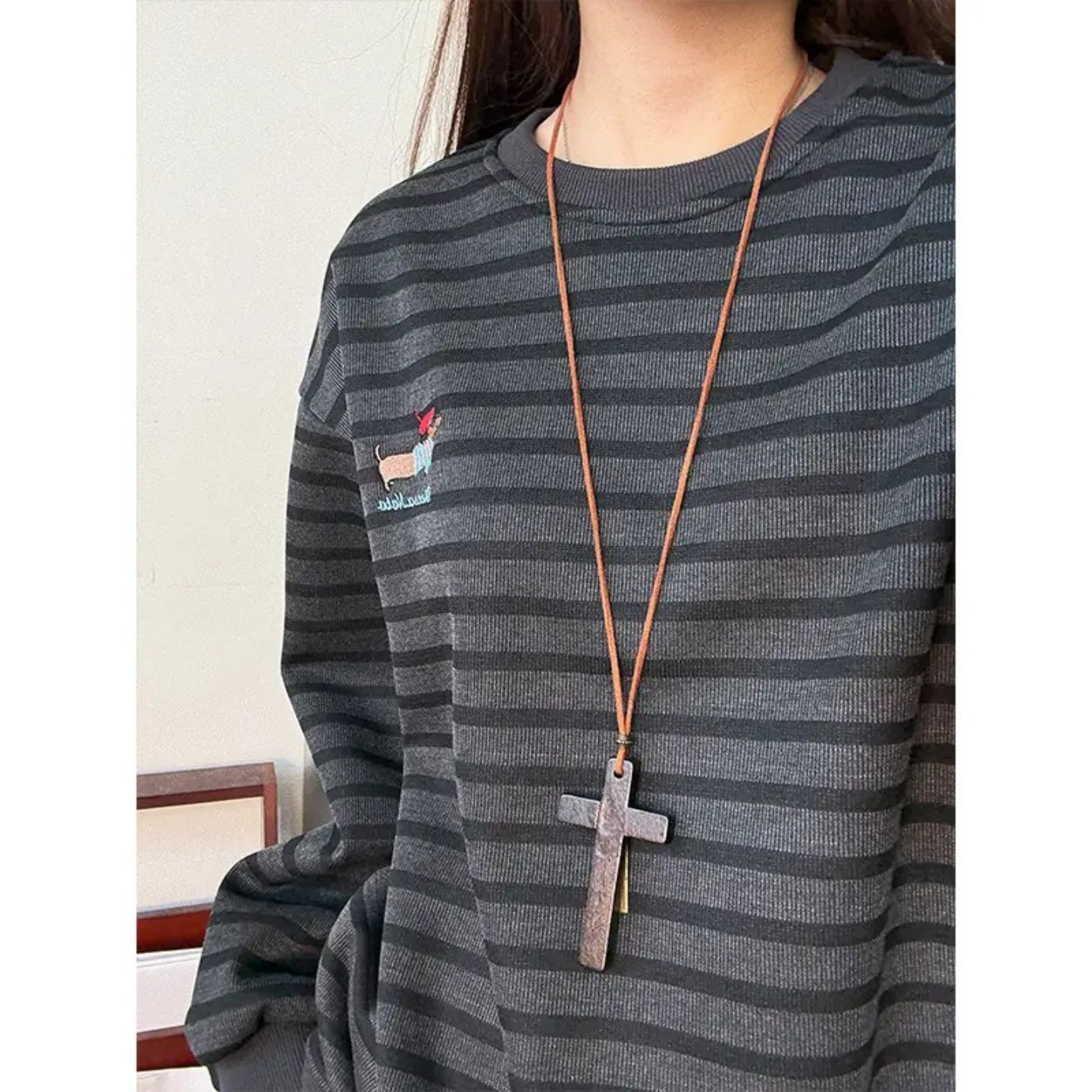 美式条纹加绒卫衣秋冬季刺绣内搭