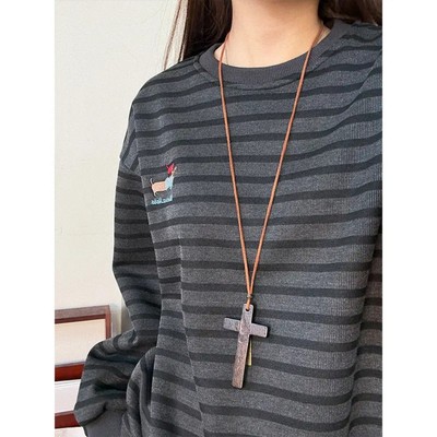 美式条纹加绒卫衣秋冬季刺绣内搭