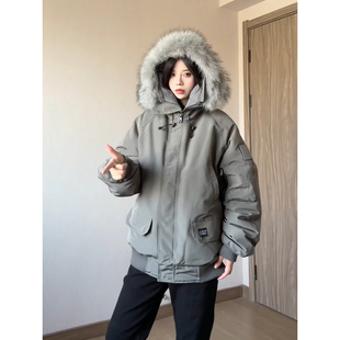 美式复古大毛领羽绒棉服男女冬季工装连帽派克服东北加厚抗寒棉袄