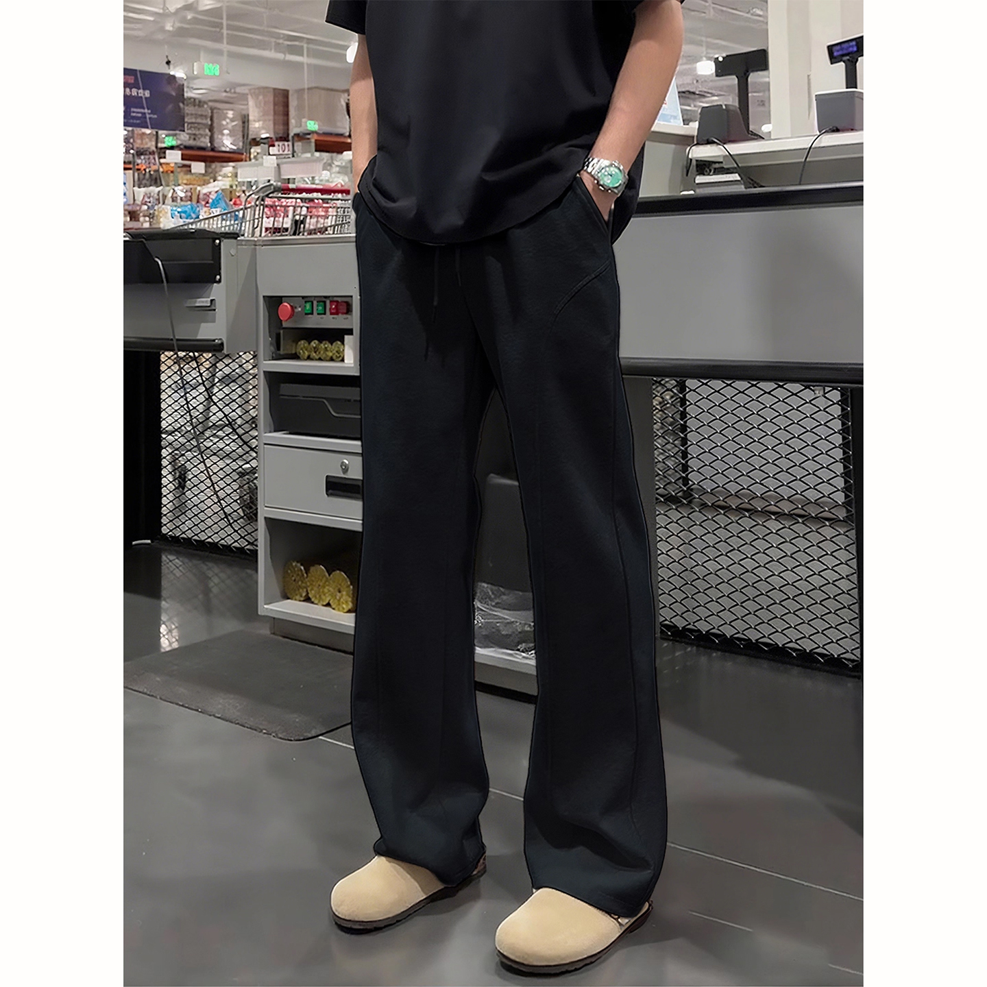 黑色斜切弯刀卫裤男款秋季潮牌