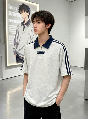 白灰色重磅条纹polo衫男夏季美式半拉链短袖t恤青少年五分半截袖