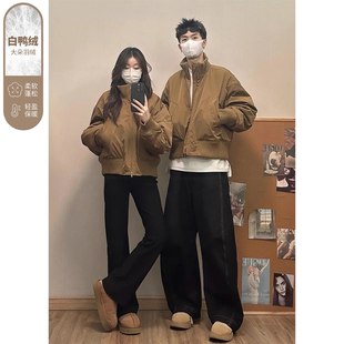美拉德棕色羽绒飞行夹克棉服男秋冬季 复古廓形情侣棒球服棉衣 美式