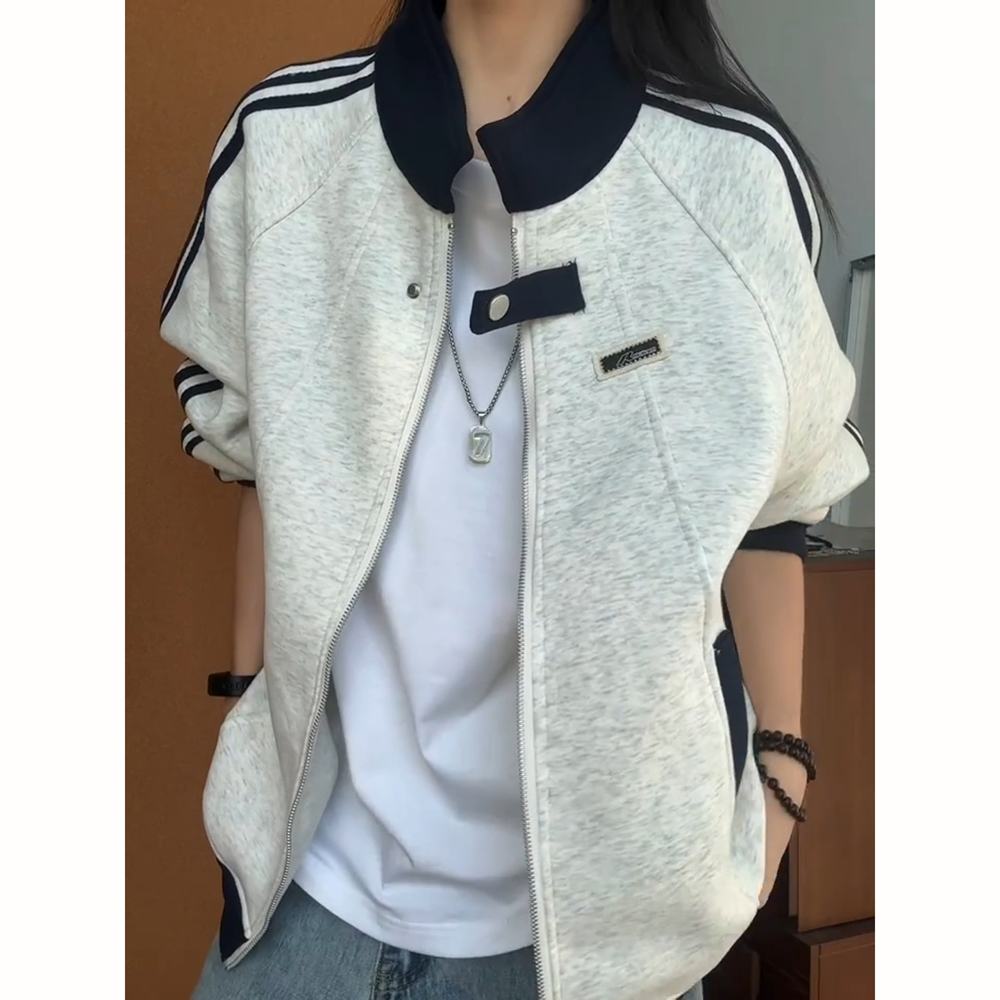 白灰色拼接撞色卫衣外套男女款