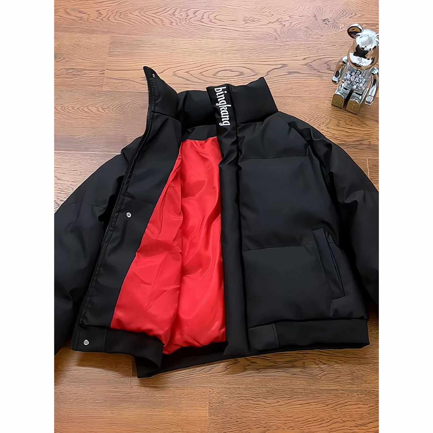 黑色立领短款pu皮棉衣男冬季红色