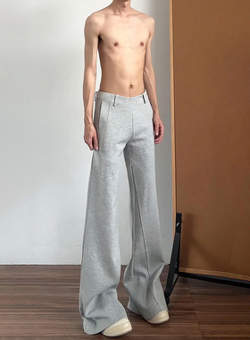 灰色加绒弯刀卫裤男秋冬高个子直筒修身显腿长裤子美式微喇休闲裤