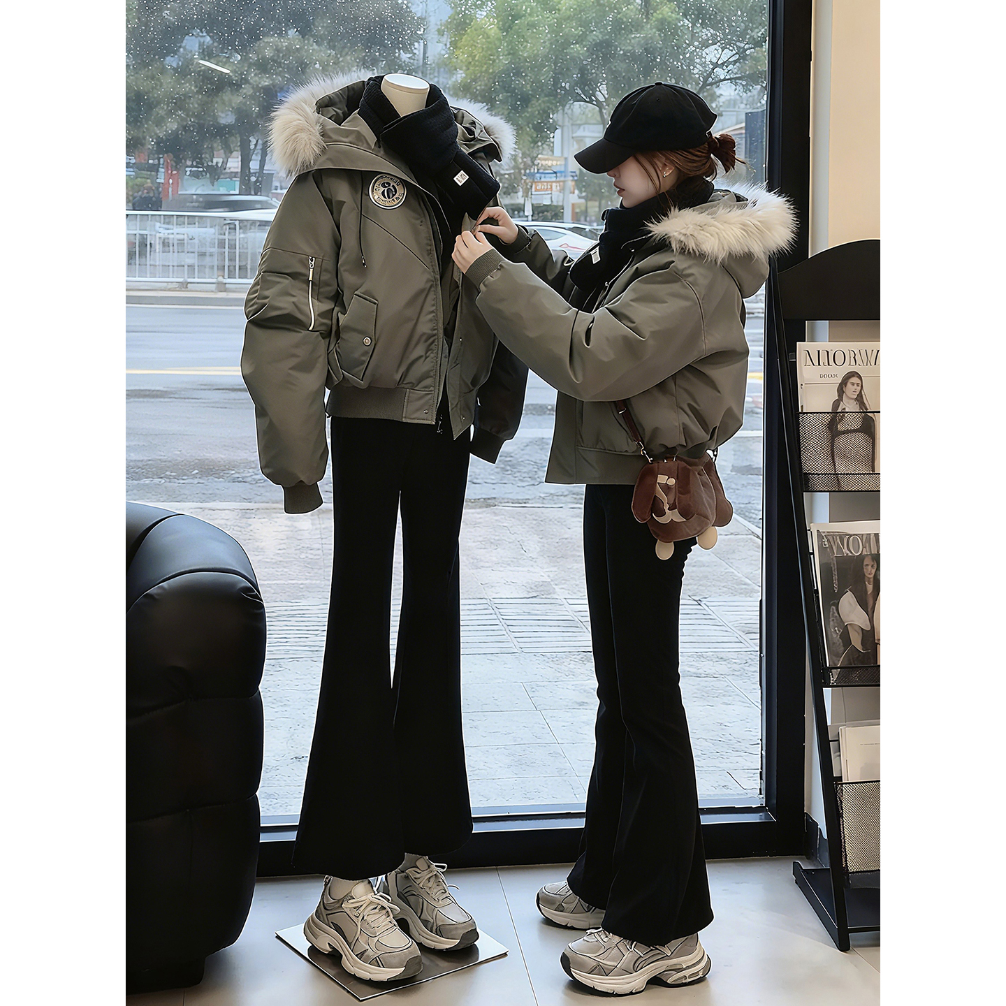 深灰色毛领羽绒派克服男女款冬季加厚保暖连帽棉服美式工装厚外套