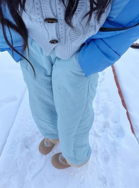eaho加绒加厚羽绒棉裤男女冬季羊羔绒防寒裤子直筒葫芦纹滑雪地裤